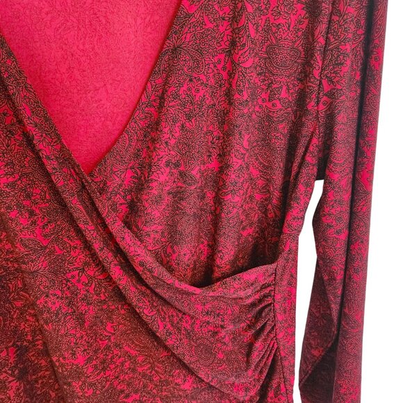 Rafaella Red with Black Print Wrap & Ruched Front V-Neck Blouse Size L - Picture 3 of 14